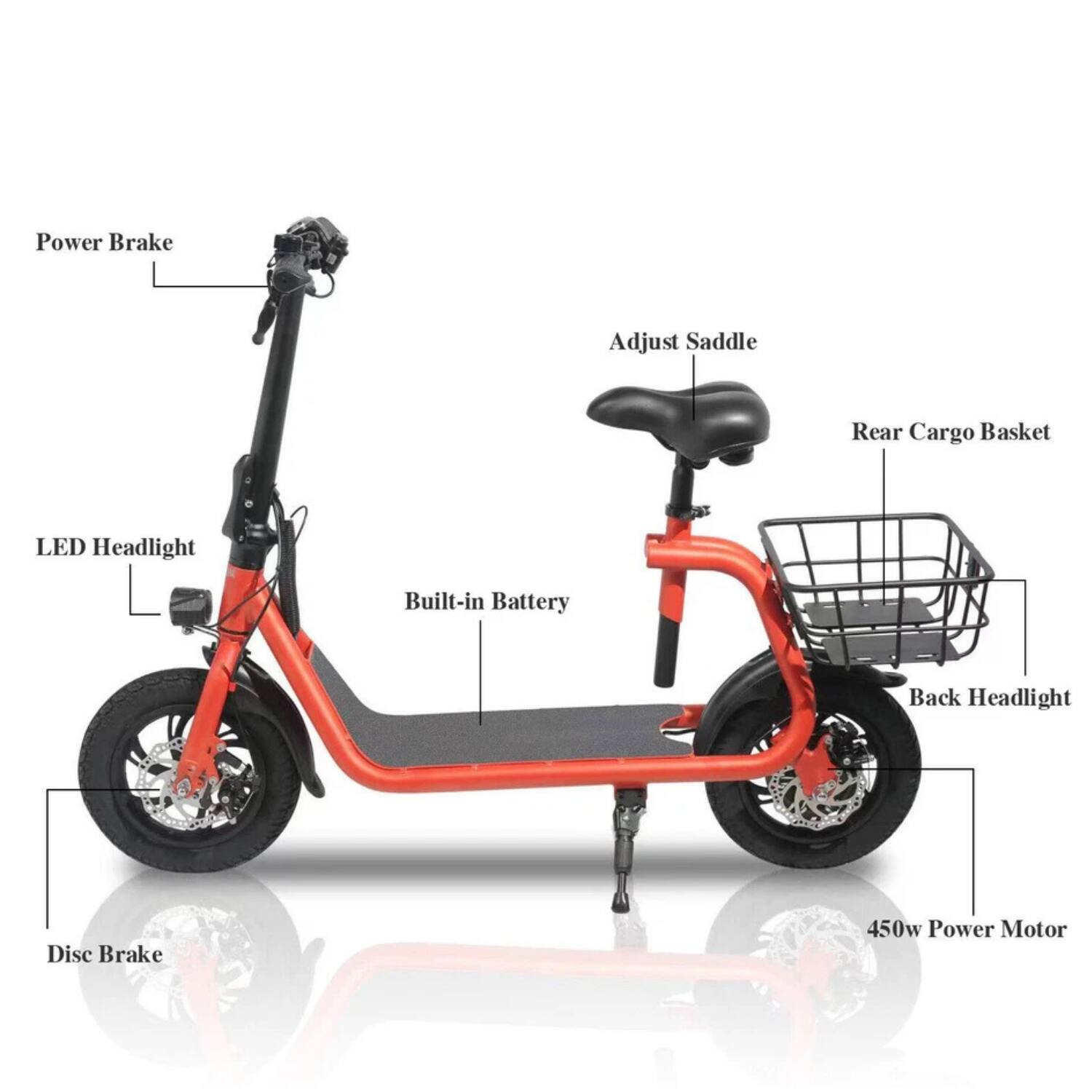 - Power Brake
- LED Headlight
- Built-in Battery
- Disc Brake
- Adjust Saddle
- Rear Cargo Basket
- Back Headlight
- 450w Power Motor