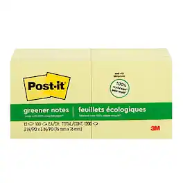 Post-it - Greener Recycled Notes, 3" x 3", Canary Collection, 100 Sheet/Pad, 12 Pads/Pack (654-RP-YW) - Canary Yellow