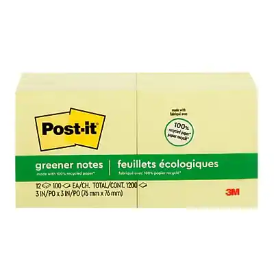 Post-it
greener notes
feuillets écologiques
Made with 100% recycled paper
fabriqué avec 100% papier recyclé
12 pads of 100 notes each
12 pads de 100 notes chacun
3 in x 3 in (76 mm x 76 mm)
12 EA/CH
TOTAL CONT. 1200
3M