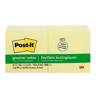 Post-it  
greener notes  
feuillets écologiques  

Made with 100% recycled paper  
fabriqué avec 100% papier recyclé  

12 pads of 100 notes each  
12 pads de 100 notes chacun  

3 in x 3 in (76 mm x 76 mm)  

12 EA/CH  
TOTAL CONT. 1200  

3M