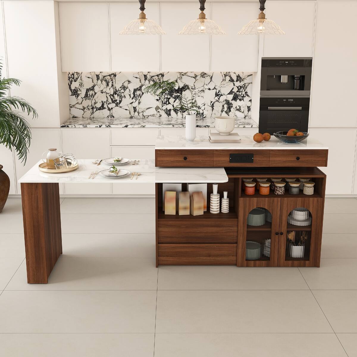 Alt View 9. Loheer - Kitchen Island with Extendable Rotating Table, Walnut Veneer Retro Design, Expandable Dining Station - White+Walnut.