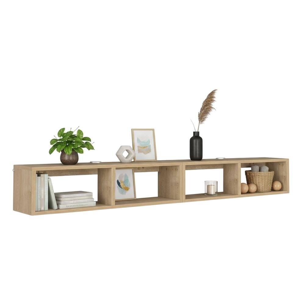 Alt View 3. FurniFact - Oak floating TV shelf, modern wall-mounted design, sleek entertainment setup - Beige.