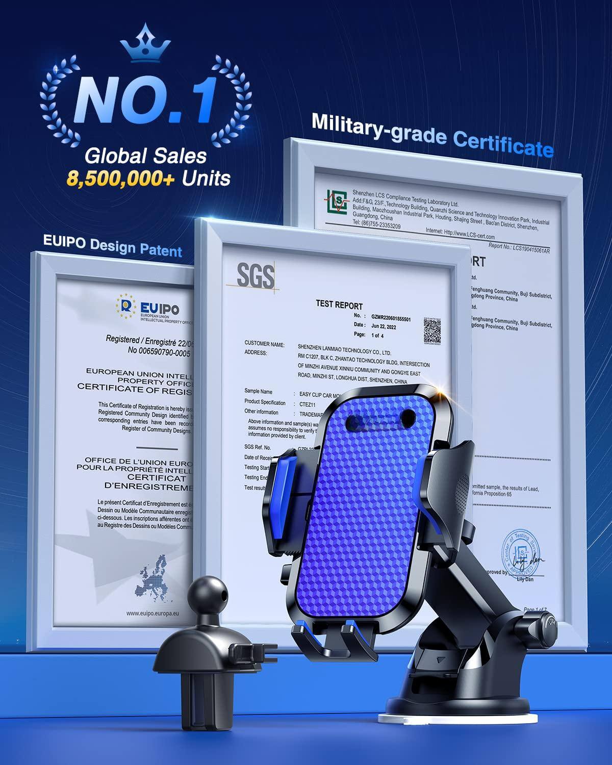 **NO.1**  
Global Sales  
8,500,000+ Units  

**Military-grade Certificate**  

**EU IPO Design Patent**  
Registered / Enregistré 22/06/2022  
No 006590790-0005  
EUROPEAN UNION INTELLECTUAL PROPERTY OFFICE  
CERTIFICATE OF REGISTRATION  
This Certificate of Registration is hereby issued to the Community Design identified by the corresponding entries in the Register of Community Designs.  

**TEST REPORT**  
No. 22M202206185501  
Date: Jun 22, 2022  
Page 1 of 4  

**Customer Name:** SHENZHEN LANMAO TECHNOLOGY CO., LTD  
**Address:** RM 1201, ZHANTAO TECHNOLOGY BLDG, INTERSECTION OF ZHANTAO AVENUE AND XINNIU COMMUNITY AND GONGYE EAST AVENUE, XINNIU COMMUNITY, LONGHUA DISTRICT, SHENZHEN, CHINA  

**Sample Name:** EASY CLIP CAR  
**Product Specification:** CTZ1