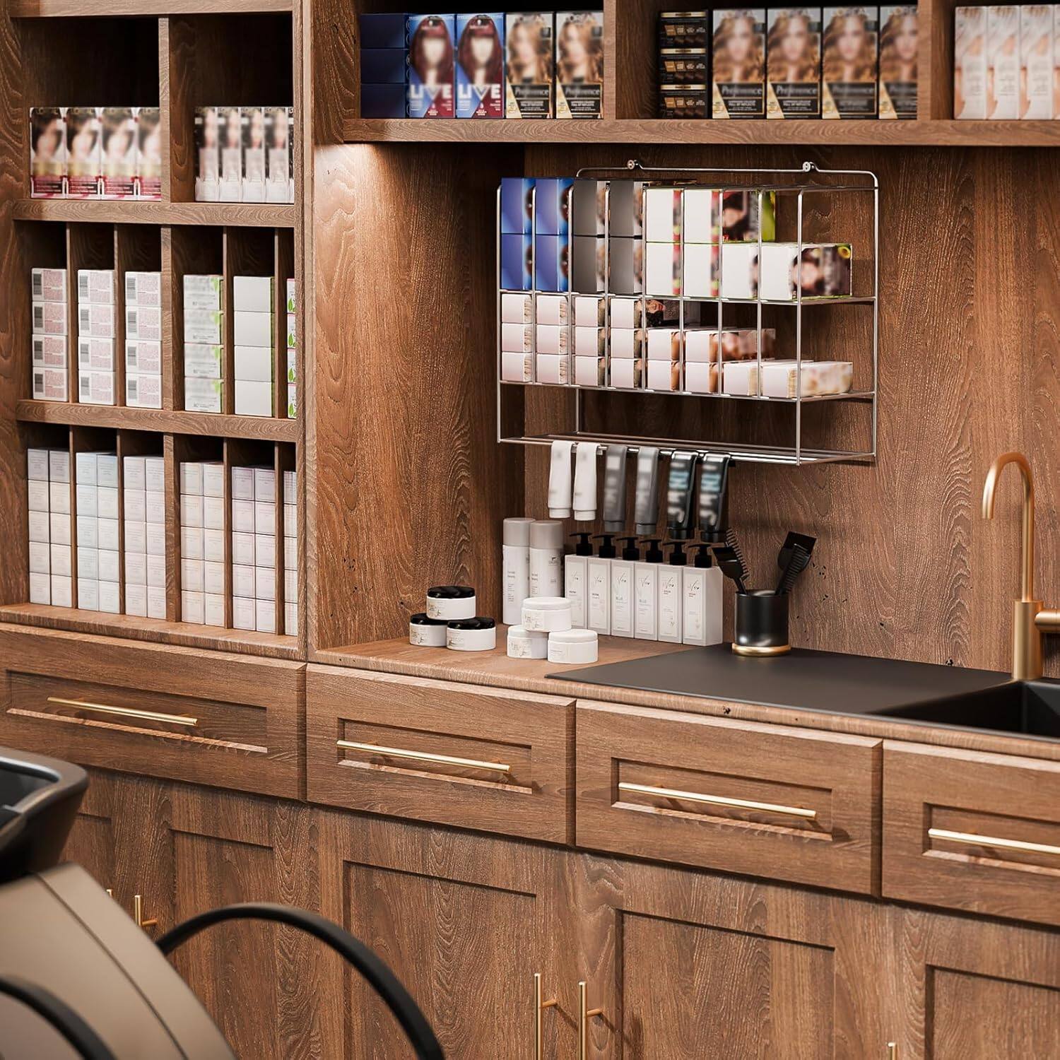 Left. Winado - Salon Hair Color Organizer Rack, 2 Tiers Hair Color Display Rack, Wall Mounted Hair Dye Tube Holder Metal Salon Storage - Silver.