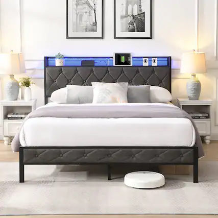 Front. LUCKY ONE - Full Size Upholstered Bed Frame with Storage Headboard,Charging Station and LED Lights - Gray.