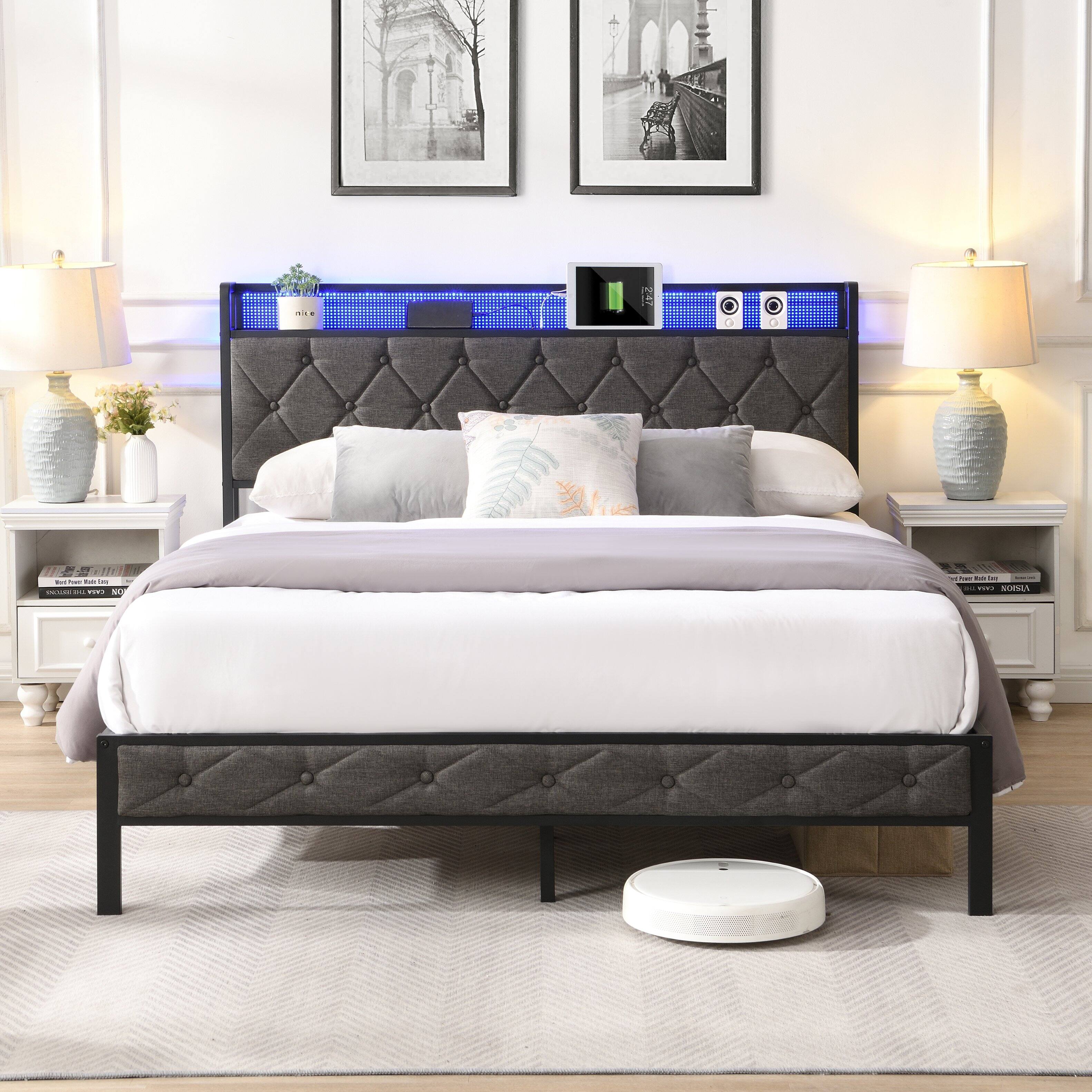 LUCKY ONE - Full Size Upholstered Bed Frame with Storage Headboard,Charging Station and LED Lights - Gray