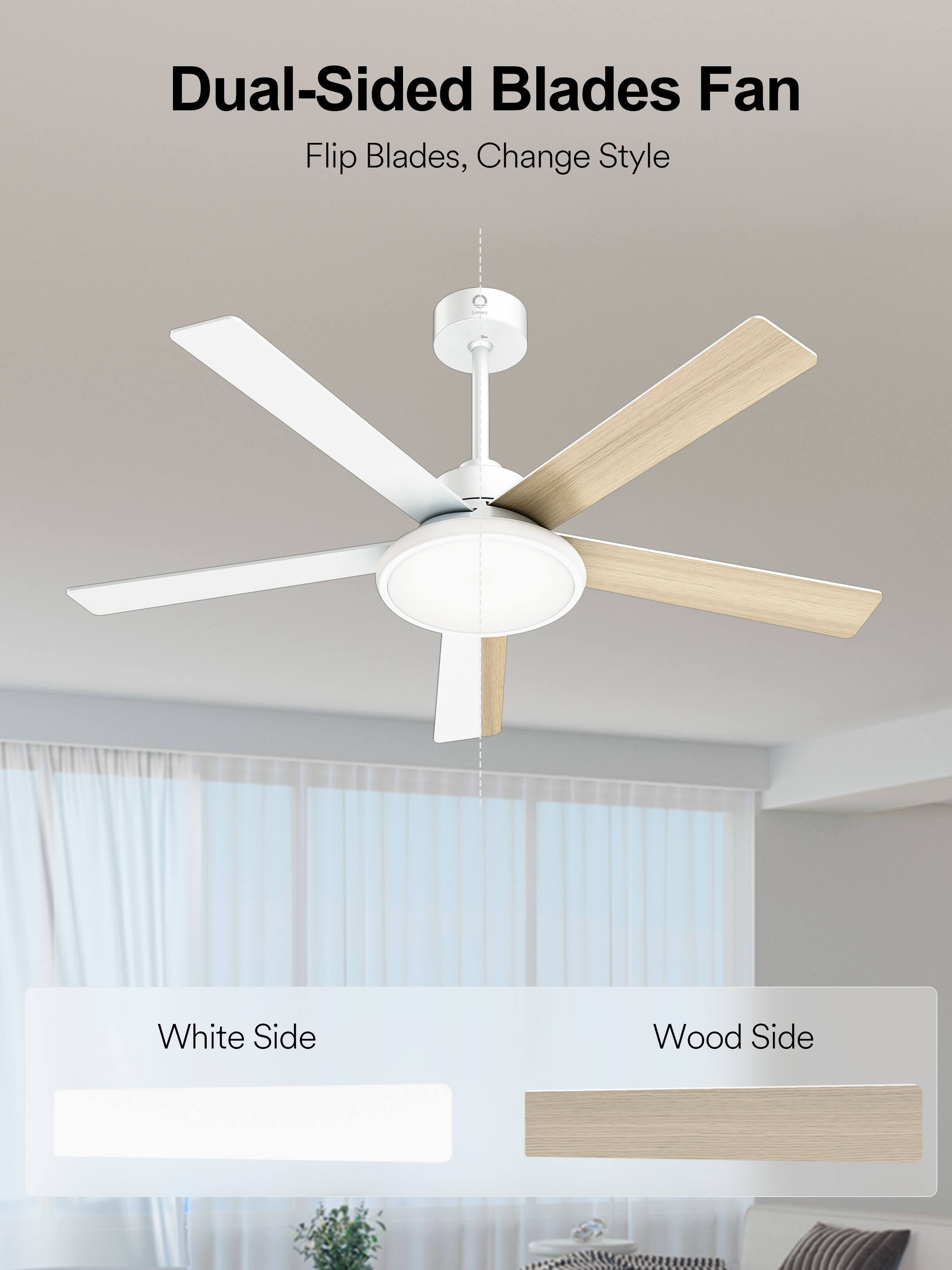 Dual-Sided Blades Fan  
Flip Blades, Change Style  
White Side  
Wood Side