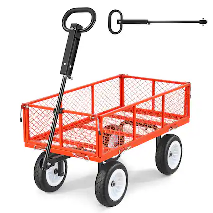 Front. VEVOR - Garden Cart, 900 LBS, Heavy Duty Steel Yard and Garden Utility Wagon with 10-Inch Tires, Outdoor Gardening Stool - Red.