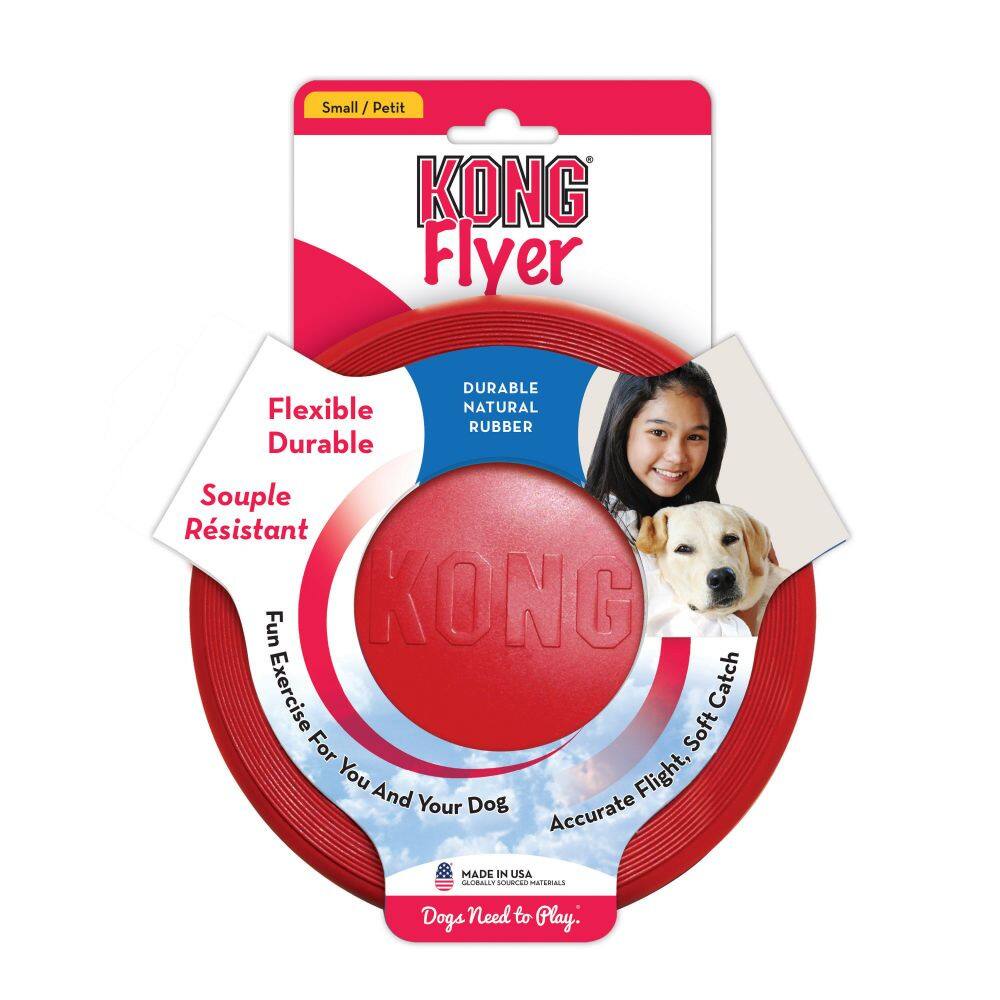 Small / Petit KONG Flyer  
Flexible Durable  
DURABLE NATURAL RUBBER  
Souple Résistant  
Fun Exercise For You And Your Dog  
Accurate Flight, Soft Catch  
MADE IN USA  
GLOBALLY SOURCED MATERIALS  
Dogs Need to Play...