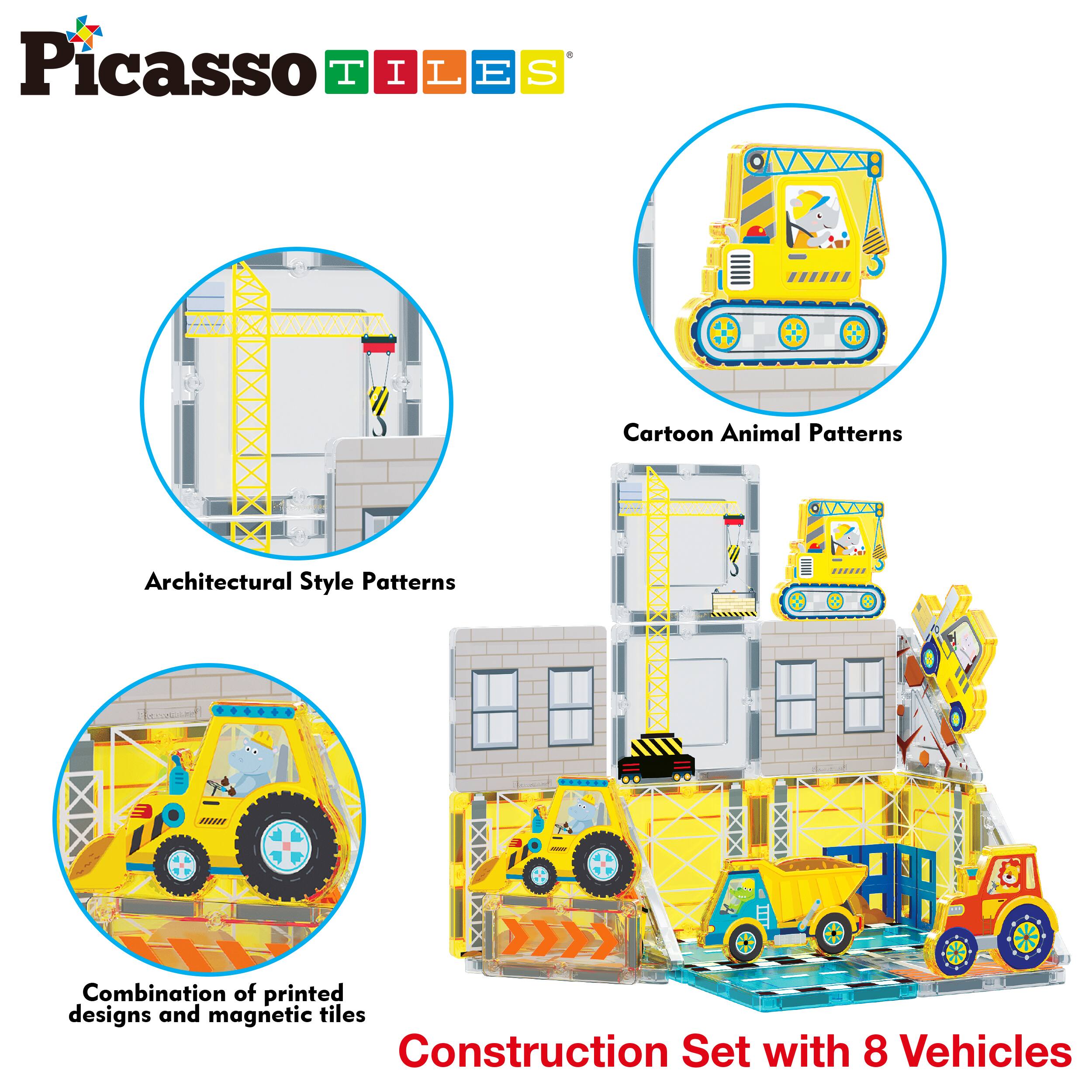 Picasso Tiles

Cartoon Animal Patterns  
Architectural Style Patterns  
Combination of printed designs and magnetic tiles

Construction Set with 8 Vehicles