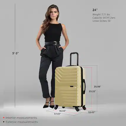 - **Size:** 24"
- **Weight:** 7.71 lbs
- **Capacity:** 64.34 Liters
- **Linear Inches:** 56"
**Interior Measurements:**
- 16.53"
- 17.51"
- 10.43"
**Exterior Measurements:**
- 25.98"
- 23.22"
- 10.43"
**Height Reference:**
- 5'-5"