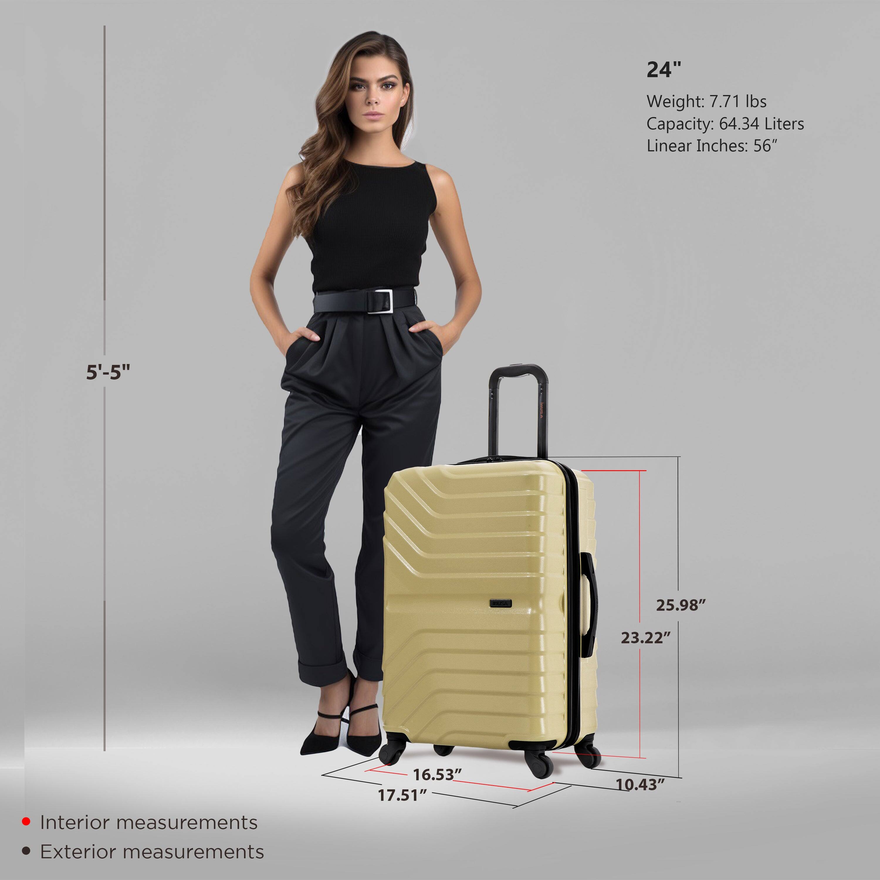 - **Size:** 24"
- **Weight:** 7.71 lbs
- **Capacity:** 64.34 Liters
- **Linear Inches:** 56"

**Interior Measurements:**
- 16.53"
- 17.51"
- 10.43"

**Exterior Measurements:**
- 25.98"
- 23.22"
- 10.43"

**Height Reference:**
- 5'-5"