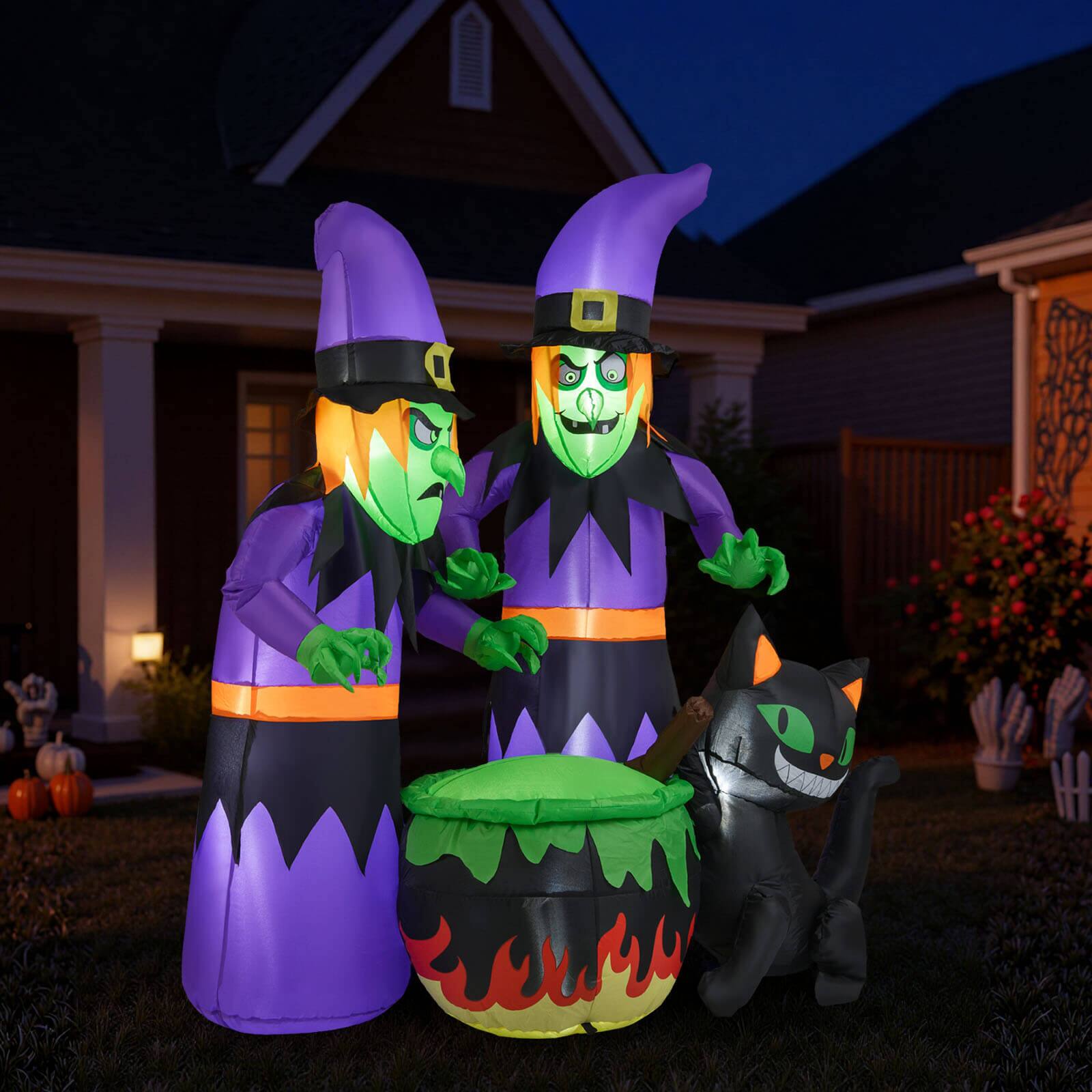Alt View 5. Costway - Costway 6 Ft Inflatable Halloween Witches Blow up 2 Scary Witch with Cauldron & Black Cat - Multicolor.