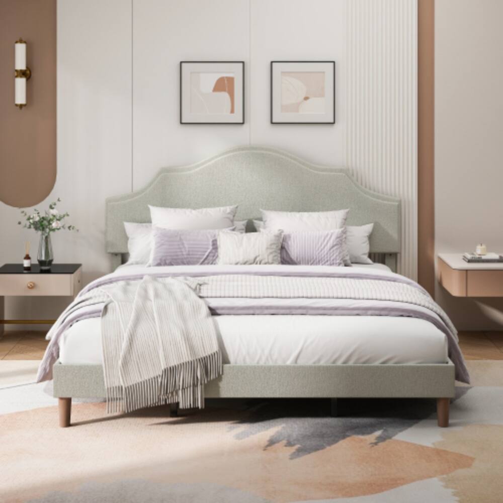 Left. LUCKY ONE - King Size Platform Bed with Adjustable Headboard - No Box Spring Needed, 1000 lbs Cap - Beige.