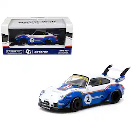 RWB 993 #2 "Liberty Walk" White and Blue Metallic w/Container Packaging "Hobby64" 1/64 Diecast Model Car by Tarmac Works