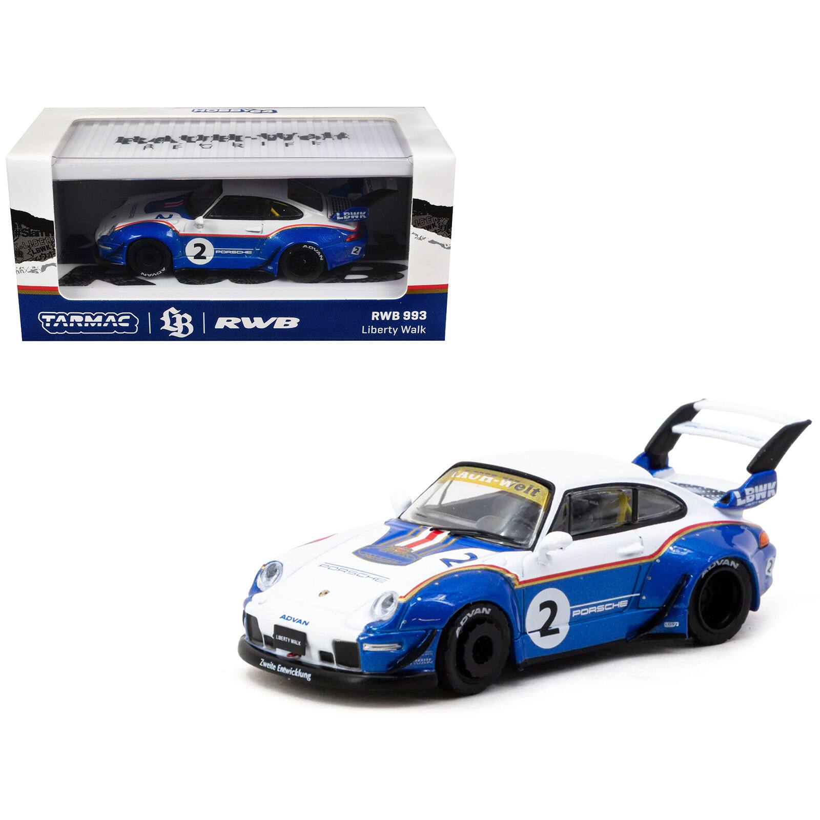 RWB 993 #2 "Liberty Walk" White and Blue Metallic w/Container Packaging "Hobby64" 1/64 Diecast Model Car by Tarmac Works