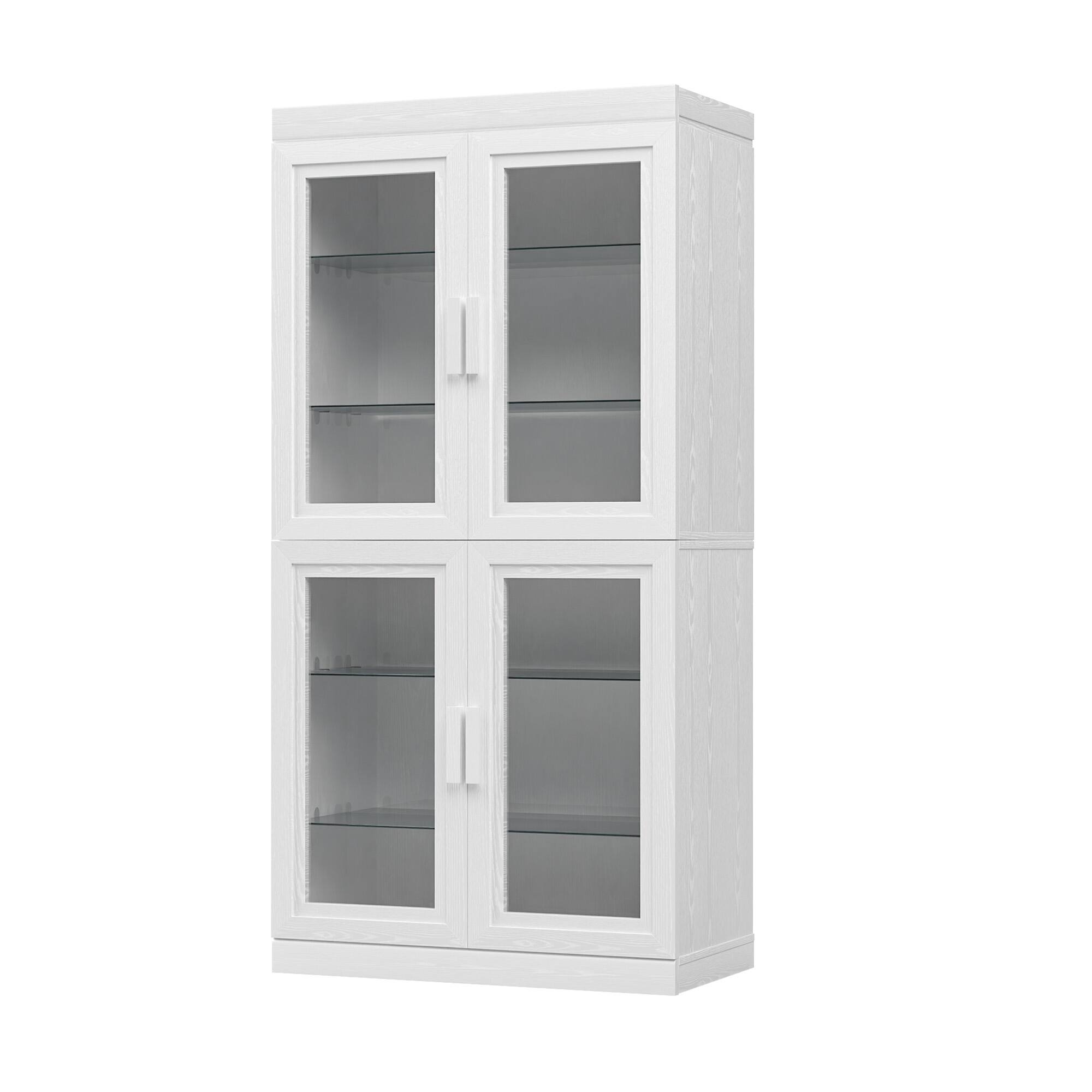 Angle. PexFix - 62" Kitchen Pantry Cabinet, Oak Freestanding Storage Cabinet with Glass Doors and Adjustable Shelves for Dining Room - White.