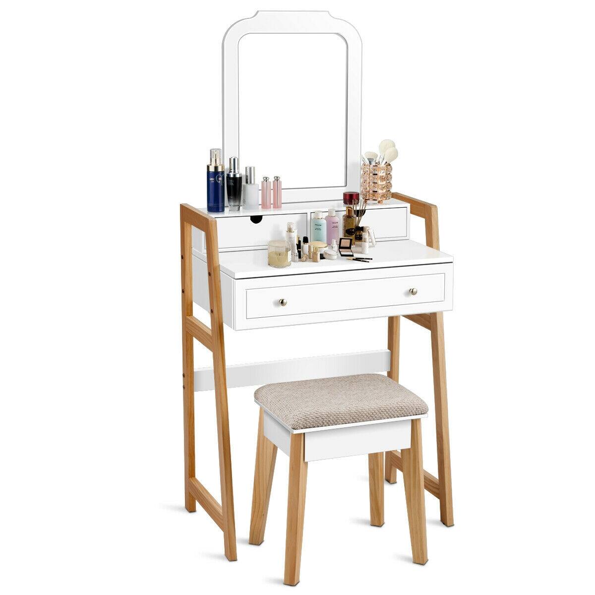Front. Ecooso - Vanity Table Set with Large Mirror, Wide Top and Soft Stool for Bedroom Organization - White and Natural.
