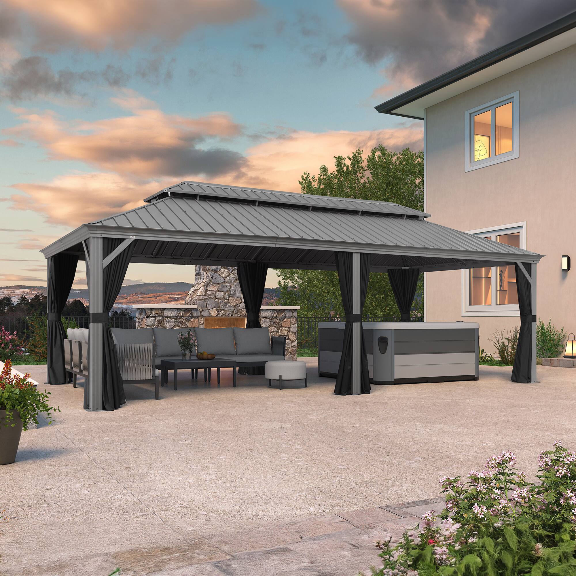 Alt View 1. PURPLE LEAF - 12 X 24 FT Light Gray Aluminum Power-Coated Frame Galvanized Steel Double Roof Hardtop Gazebo,Hooks Netting Curtain - 12' X 24'.