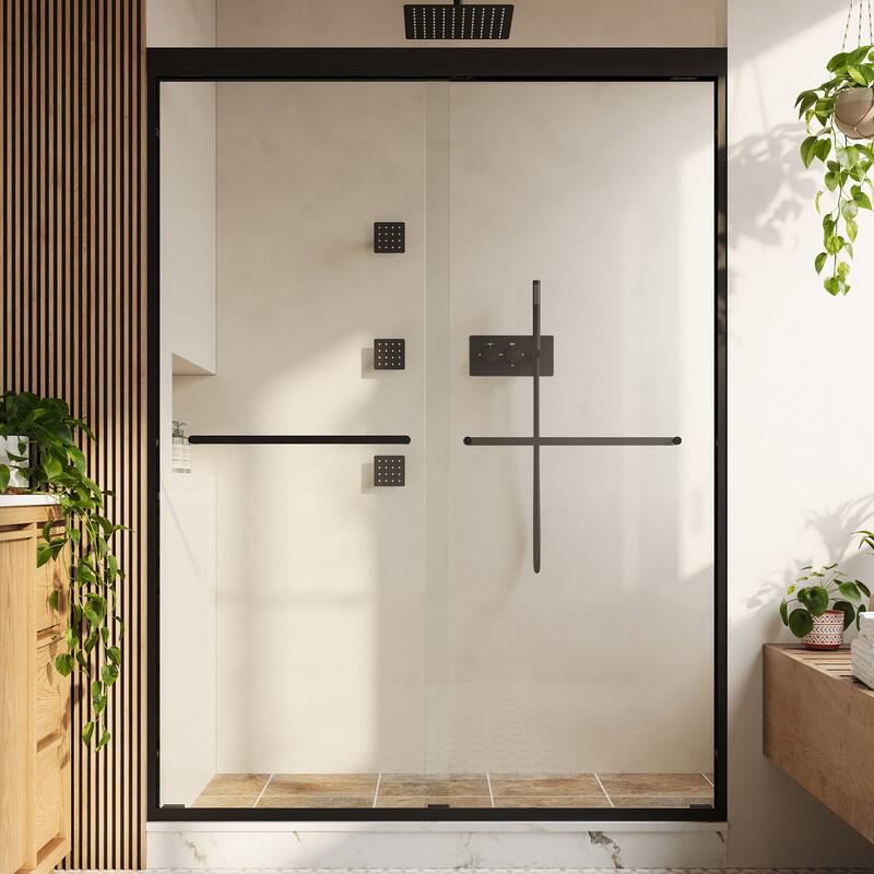 Alt View 8. WELLFOR - 50-54 in W x 72 in H Framed Shower Door with Double Sliding & Stainless Steel Towel Bar Handle, 1/4" Tempered Glass - Matte Black.