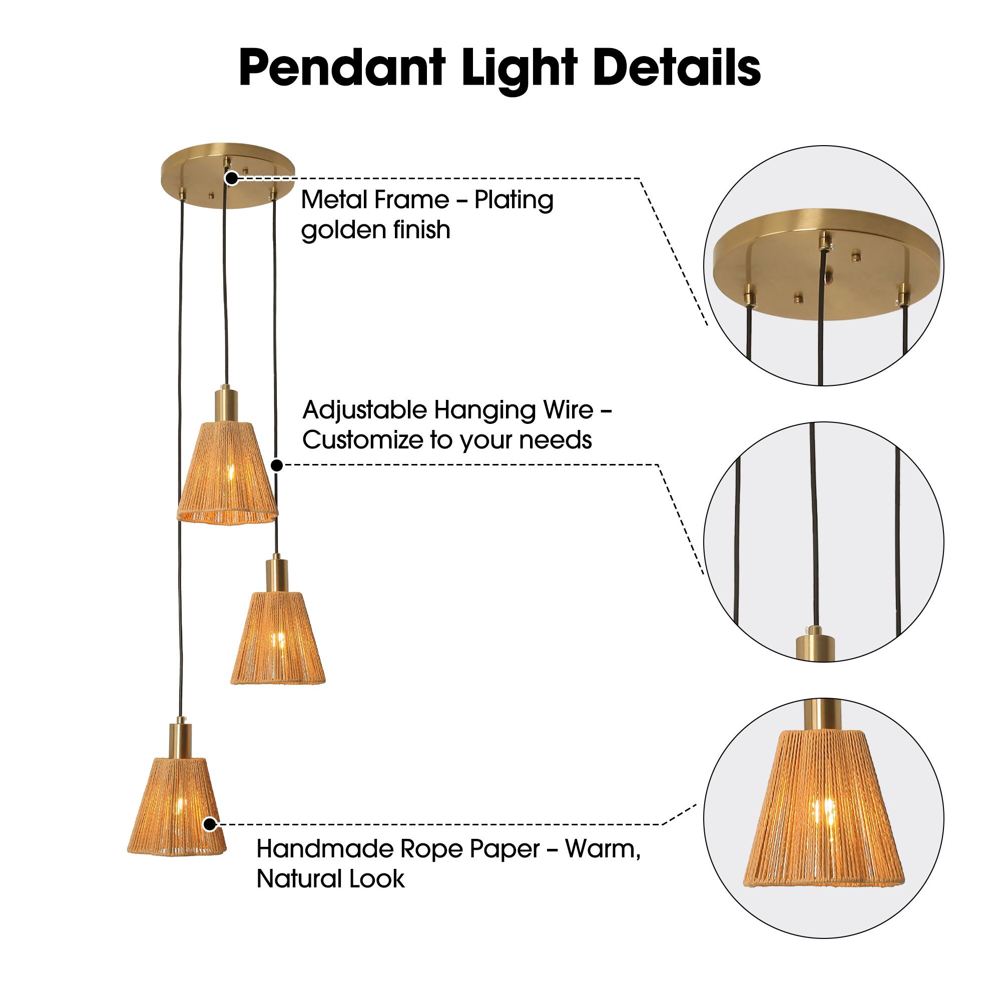 Pendant Light Details

- Metal Frame - Plating - golden finish
- Adjustable Hanging Wire - Customize to your needs
- Handmade Rope Paper - Warm, Natural Look