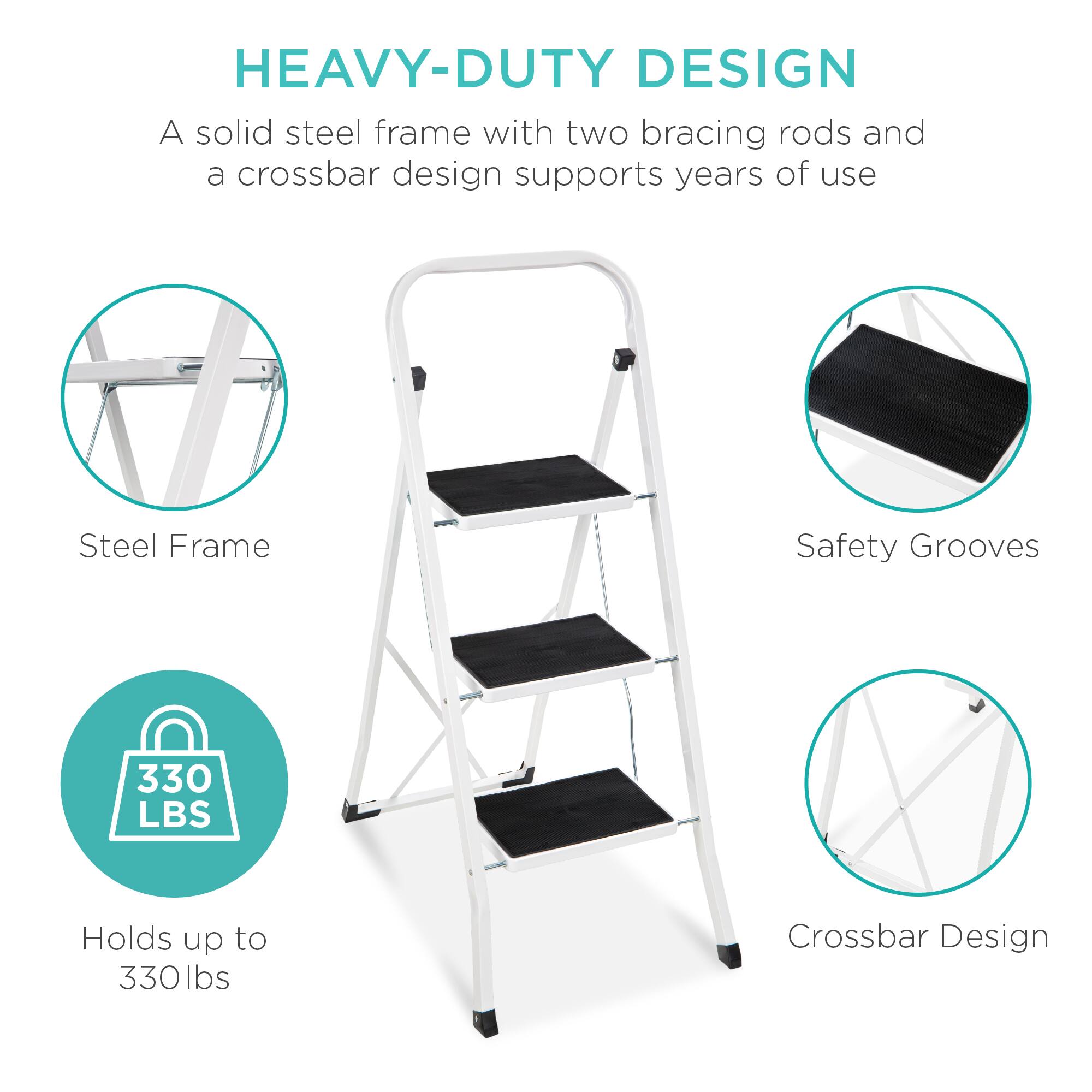 HEAVY-DUTY DESIGN

A solid steel frame with two bracing rods and a crossbar design supports years of use

Steel Frame

Safety Grooves

Holds up to 330 lbs

Crossbar Design