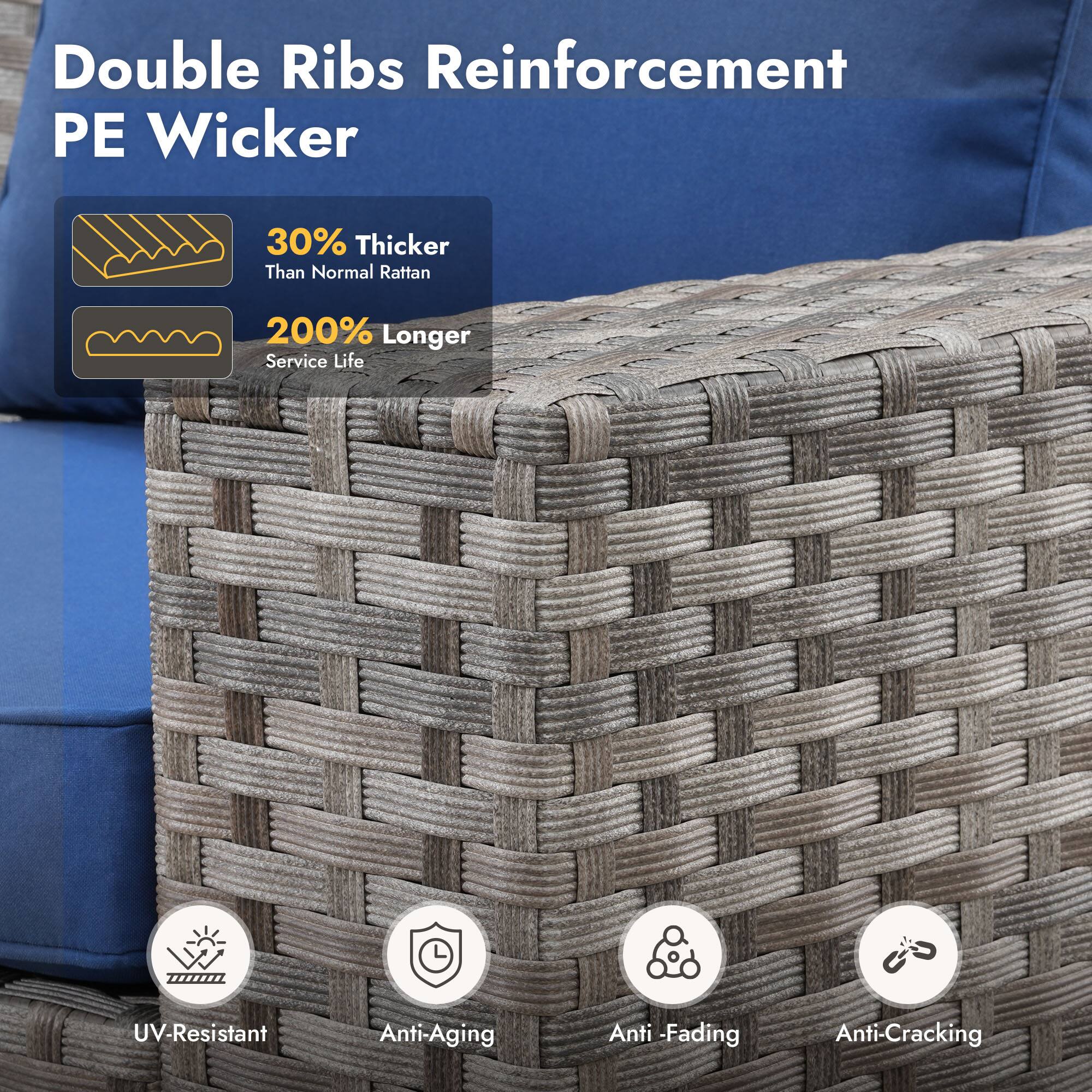 Double Ribs Reinforcement PE Wicker

30% Thicker Than Normal Rattan

200% Longer Service Life

UV-Resistant

Anti-Aging

Anti-Fading

Anti-Cracking