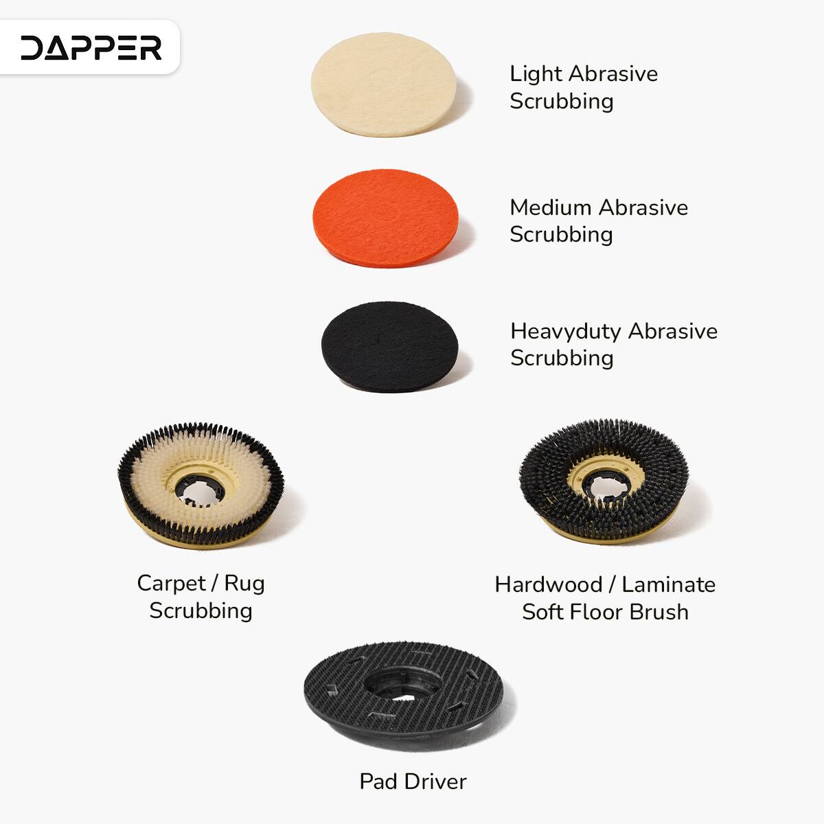 DAPPER  
Light Abrasive Scrubbing  
Medium Abrasive Scrubbing  
Heavyduty Abrasive Scrubbing  
Carpet / Rug Scrubbing  
Hardwood / Laminate / Soft Floor Brush  
Pad Driver