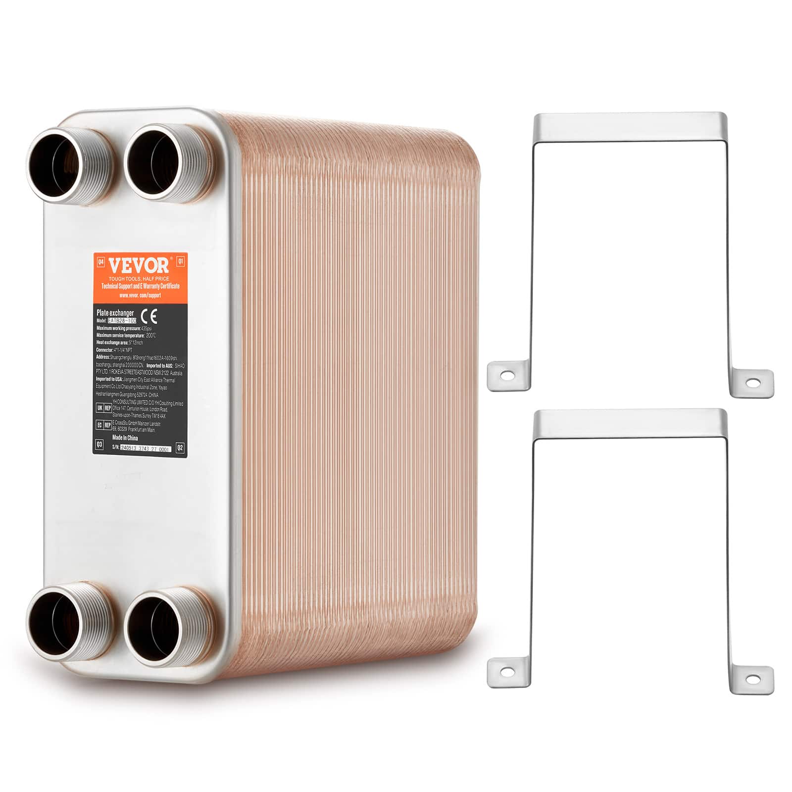 VEVOR - Heat Exchanger,5"x 12" 100 Plates Brazed Plate Heat Exchanger, Copper/316L Stainless Steel Water To Water Heat Exchanger - Stainless Steel + Copper Color