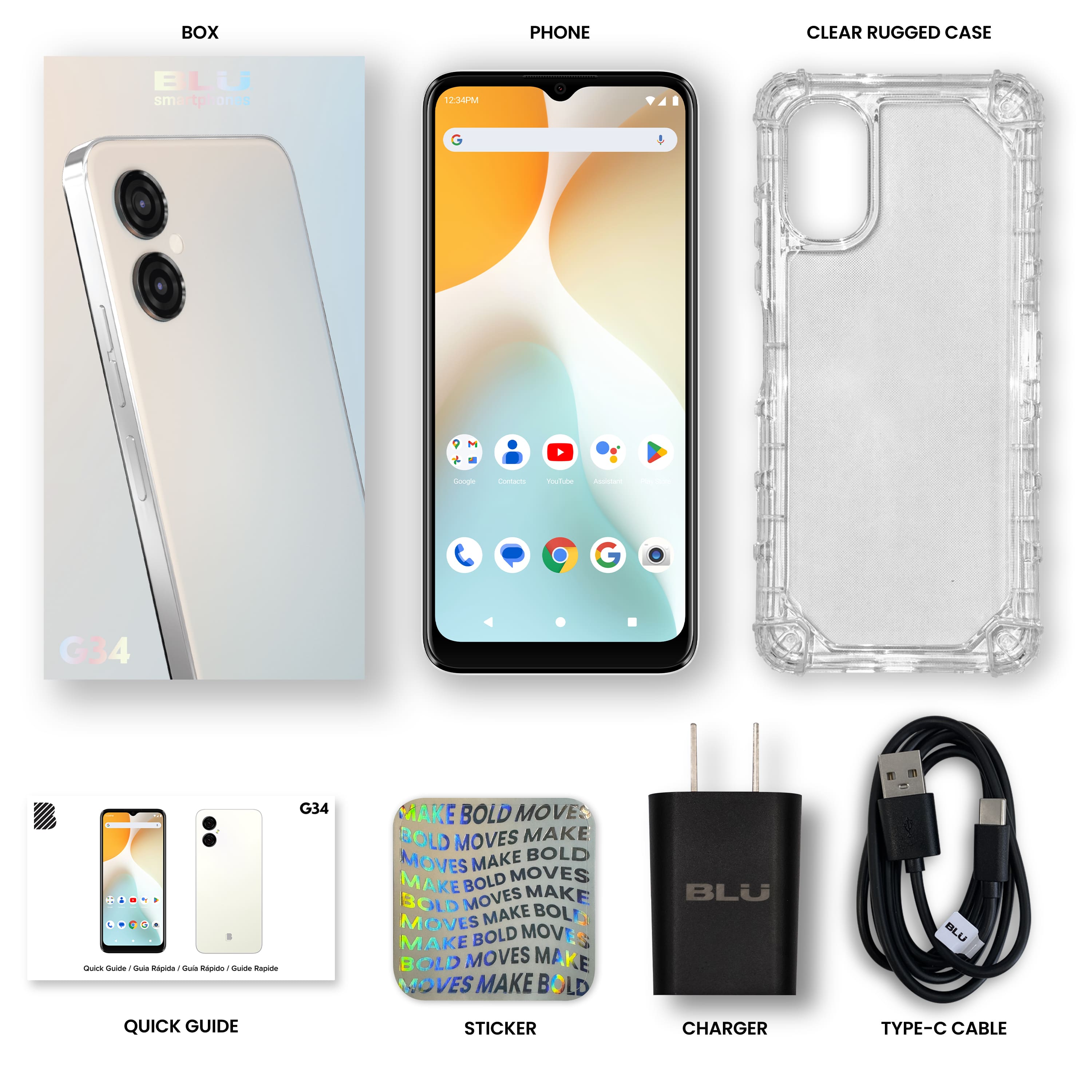 The image displays a variety of products for a smartphone, including a clear rugged case, a charger, and a quick guide sticker. The products are arranged in a grid, with the clear rugged case placed in the top left corner, the charger in the bottom right corner, and the quick guide sticker in the bottom left corner. The image also features a phone, which is placed in the top left corner of the grid.