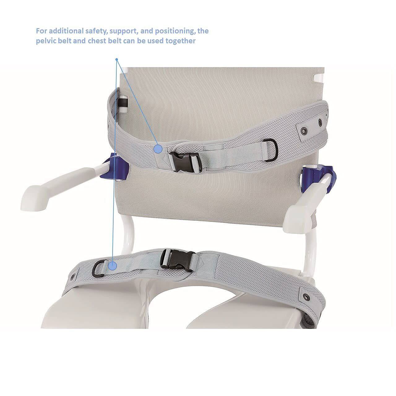 For additional safety, support, and positioning, the pelvic belt and chest belt can be used together.