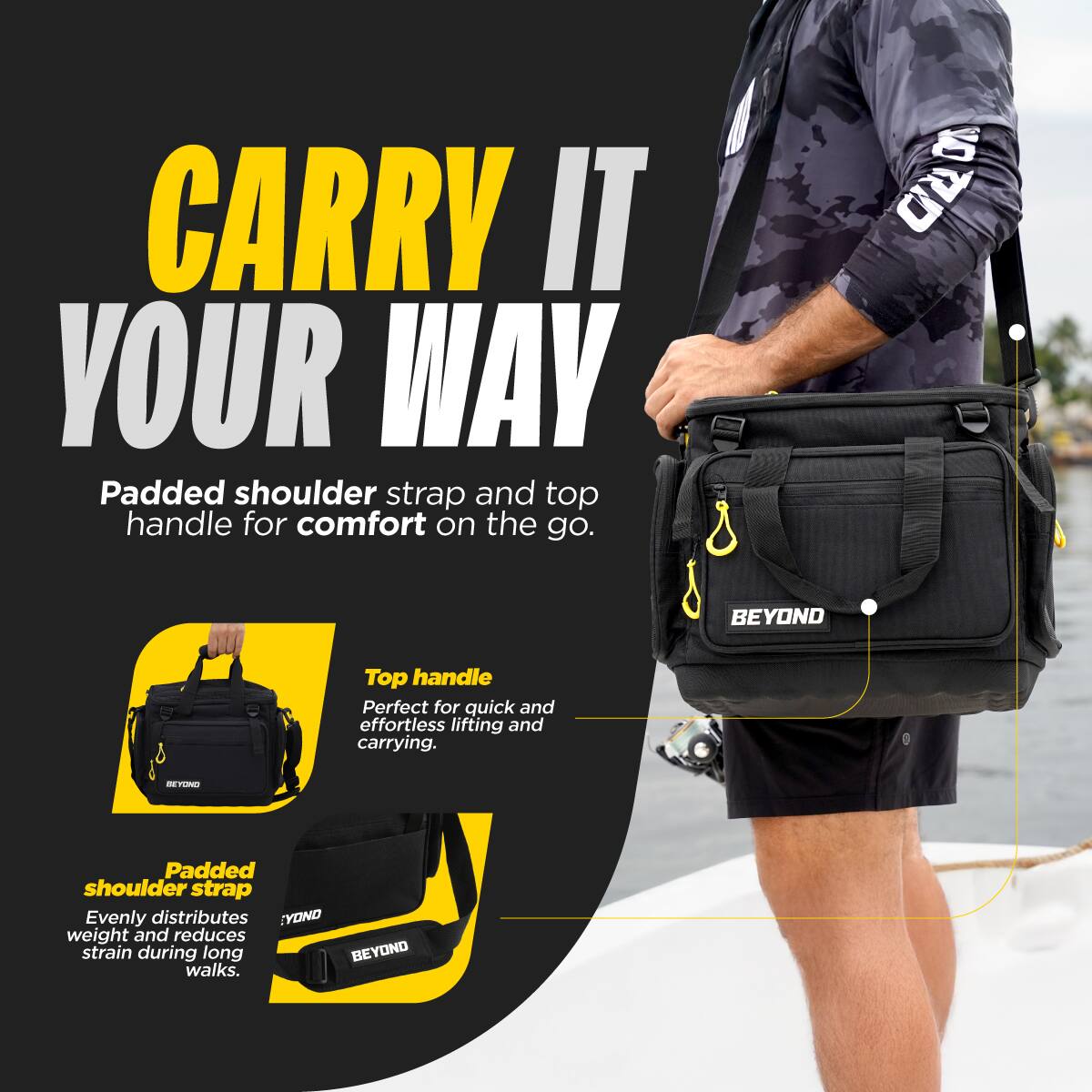 CARRY IT YOUR WAY  
Padded shoulder strap and top handle for comfort on the go.

Top handle  
Perfect for quick and effortless lifting and carrying.

Padded shoulder strap  
Evenly distributes weight and reduces strain during long walks.