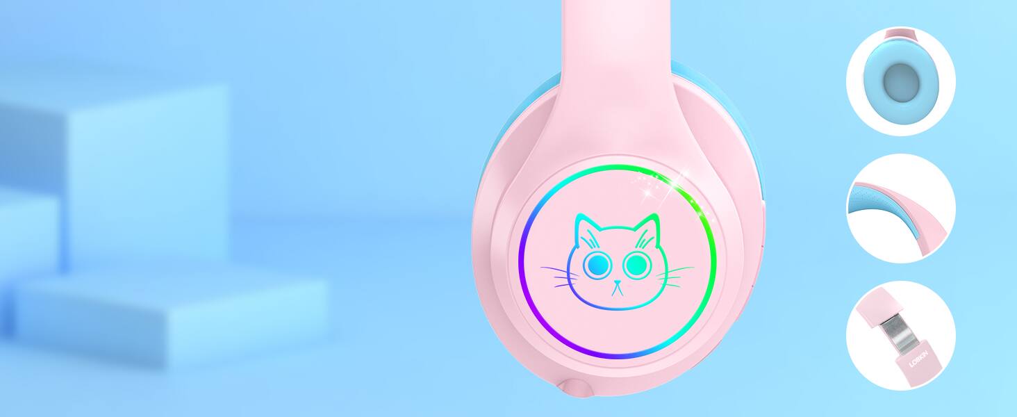 Alt View 4. Loheer - Loheer Kids Bluetooth 5.4 Headphones with Cat Ear RGB Lights, 94dB Volume Limit, 50H Playtime, Pink/Blue.