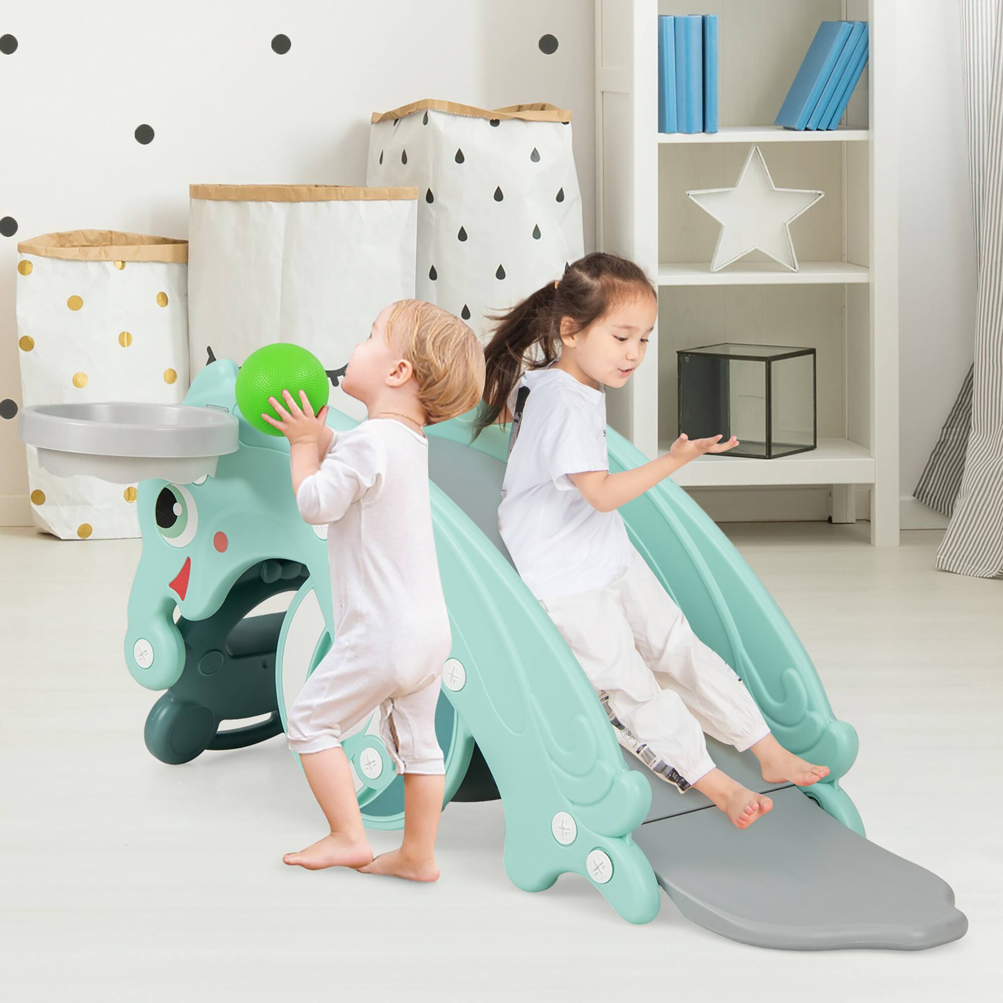 Alt View 3. Gymax - Gymax 3-in-1 Kids Slide Rocking Horse Set Convertible Toddler Slide w/ Basketball Hoop Green - Green.