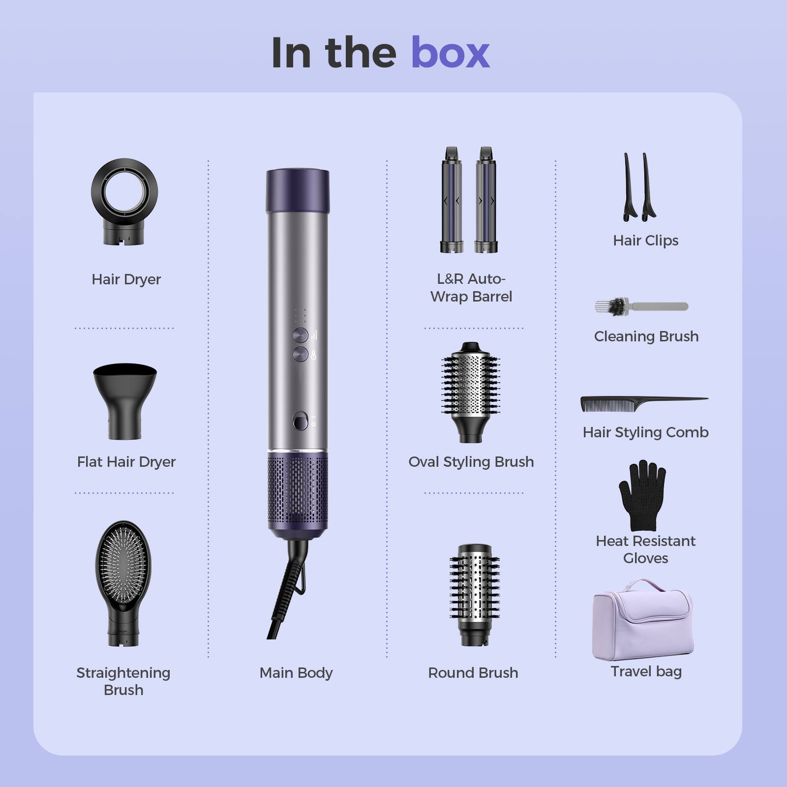 In the box

- Hair Dryer
- Flat Hair Dryer
- Straightening Brush
- Main Body
- L&R Auto-Wrap Barrel
- Oval Styling Brush
- Round Brush
- Hair Clips
- Cleaning Brush
- Hair Styling Comb
- Heat Resistant Gloves
- Travel bag