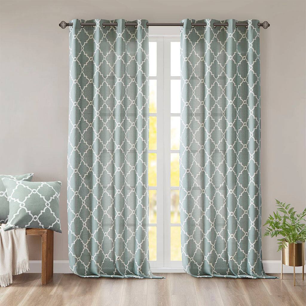 Alt View 7. BreeBe - Fretwork Print Grommet Top Window Curtain Panel(Only 1 Pc Panel) - Seafoam + White.