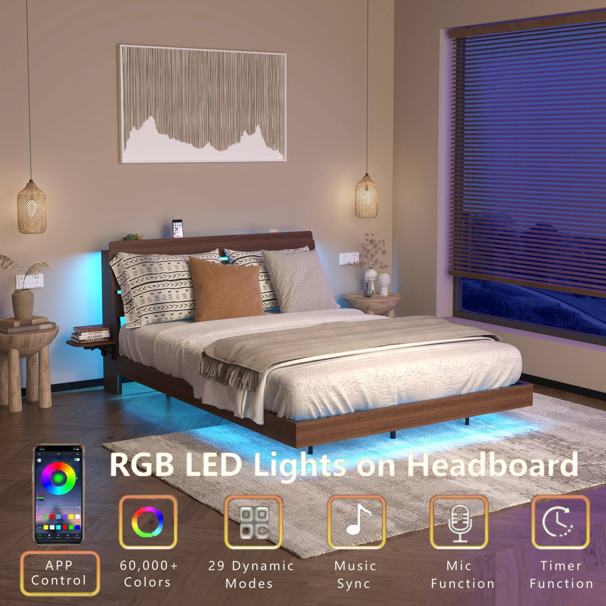 RGB LED Lights on Headboard

- APP Control
- 60,000+ Colors
- 29 Dynamic Modes
- Music Sync
- Mic Function
- Timer Function