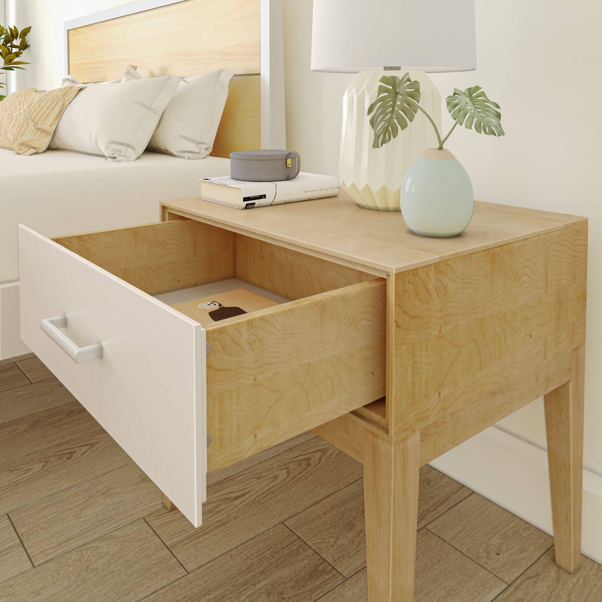 Alt View 5. Plank+Beam - Duo 1 Drawer Nightstand, White/Birch - White/Birch.