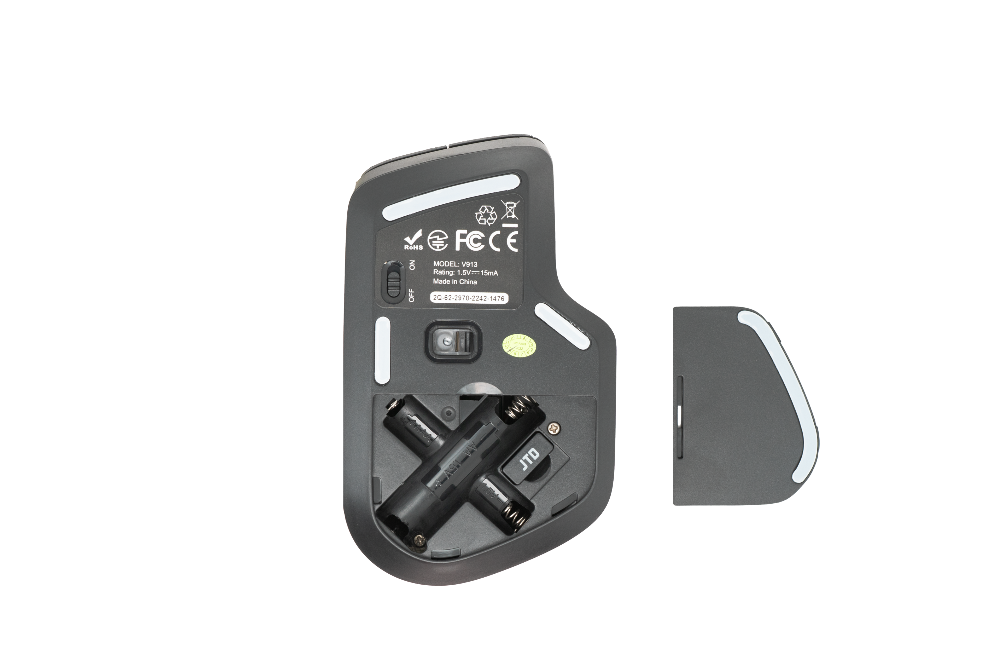 RoHS, FCCE, ON, MODEL: V913, Rating: 5V70115mA, Made in China, OFF, 20-62-2970-2242-1476, C, JTD