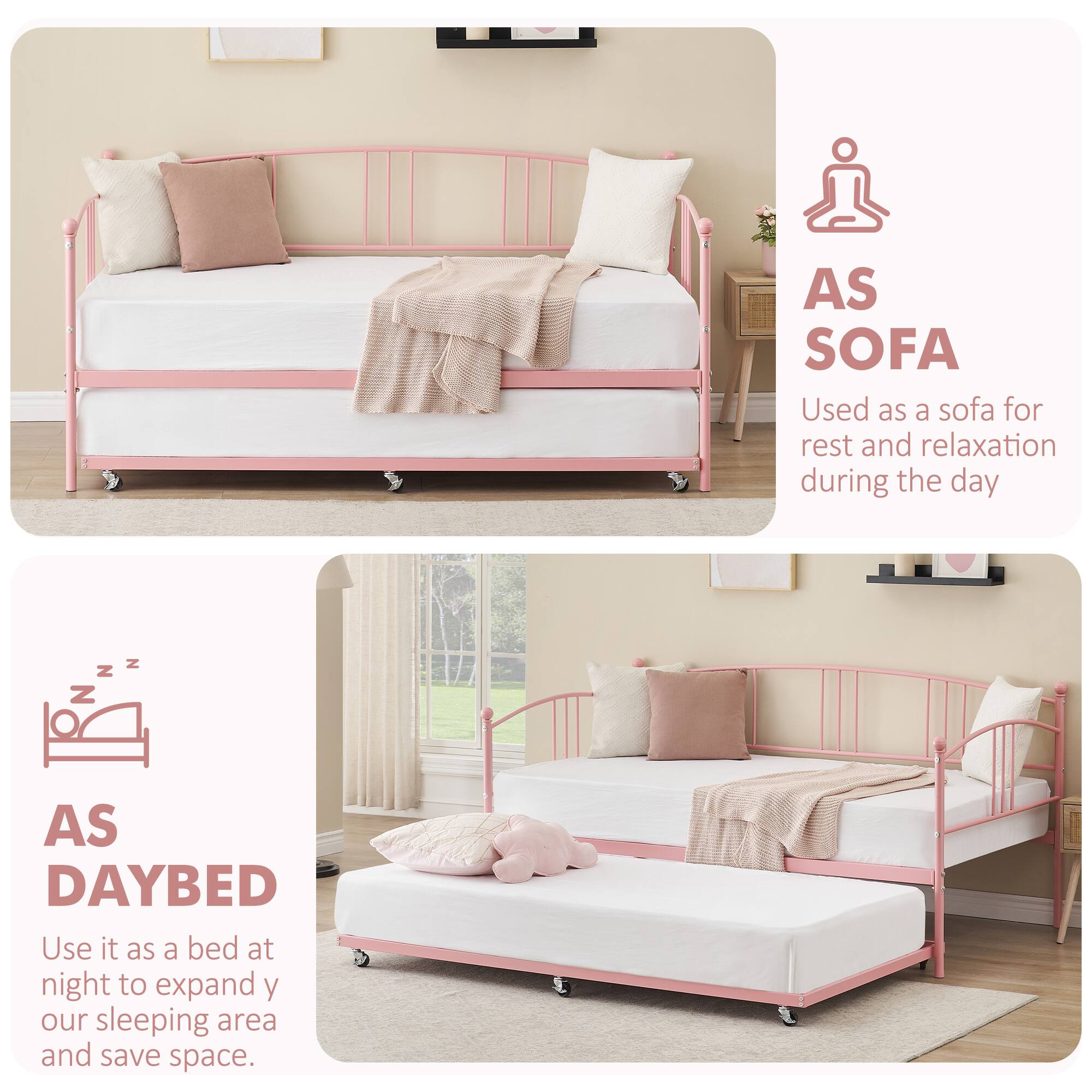 AS SOFA  
Used as a sofa for rest and relaxation during the day  

AS DAYBED  
Use it as a bed at night to expand your sleeping area and save space.