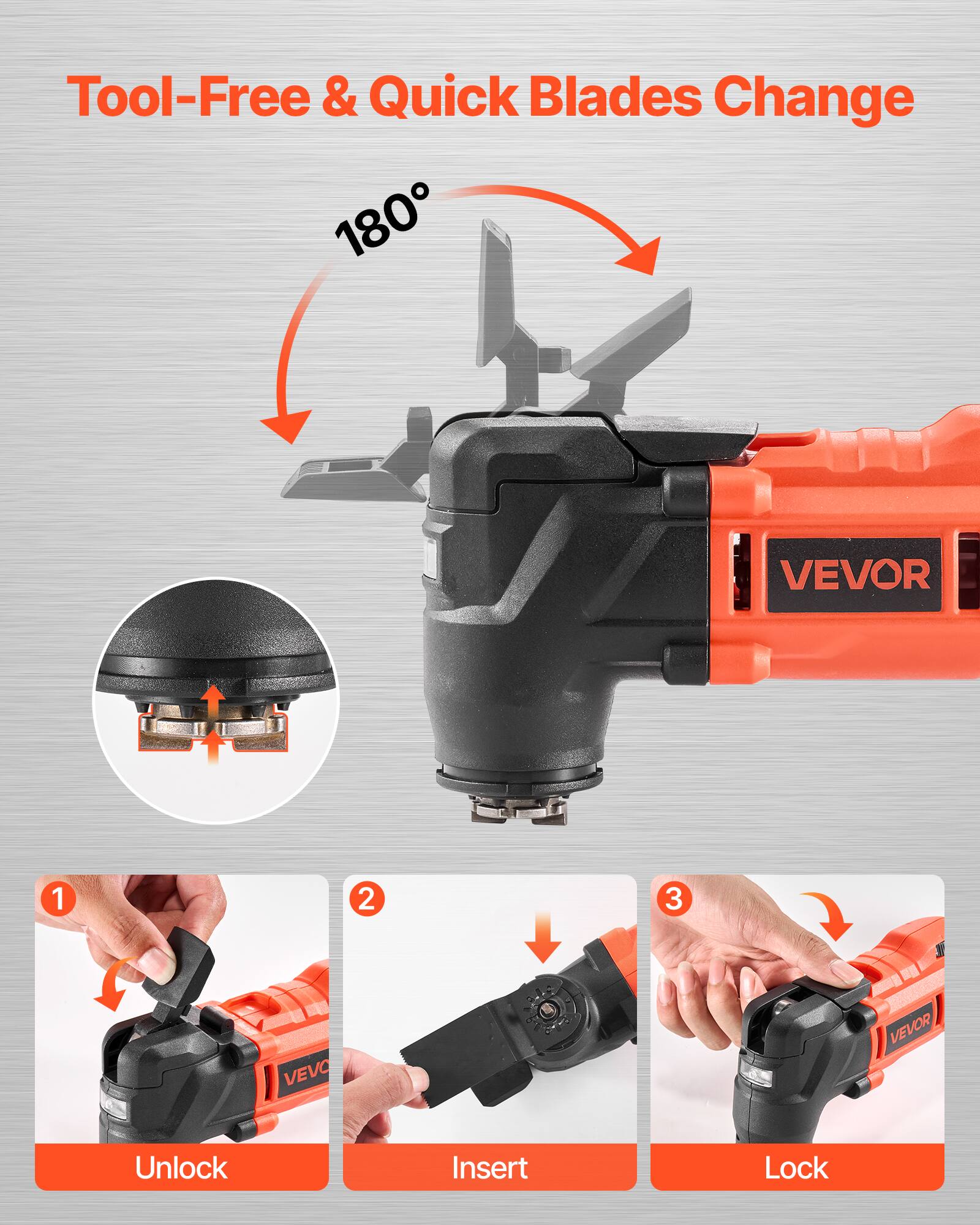 Tool-Free & Quick Blades Change

1. Unlock
2. Insert
3. Lock

180°

VEVOR