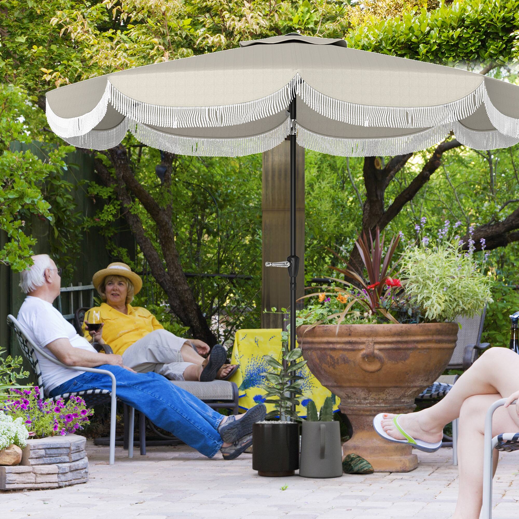 Angle. Outsunny - 9FT Patio Umbrella, UPF 30+ Outdoor Market Umbrella with Crank, 8 Ribs, Push Button Tilt, Vented Patio Table Umbrella - Light Gray.