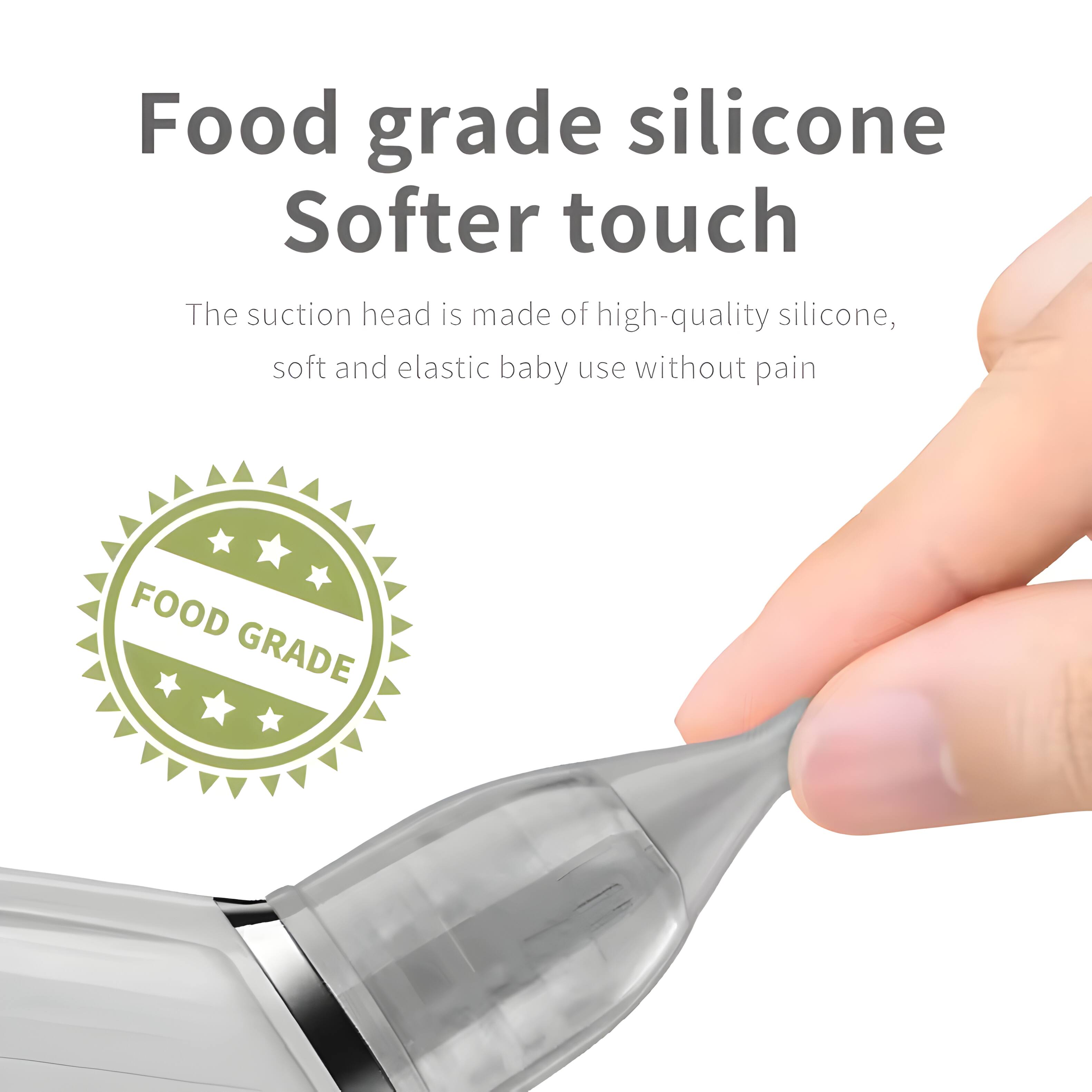 Food grade silicone  
Softer touch  
The suction head is made of high-quality silicone, soft and elastic baby use without pain  
FOOD GRADE