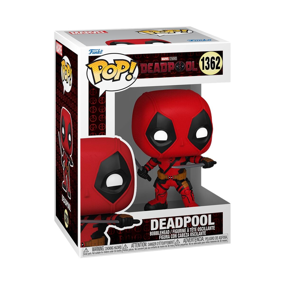 Sure, here is the corrected and grouped text from the image:

---

**Funko POP!**

**DEADPOOL**

**1362**

**DEADPOOL**

**BOBBLEHEAD / FIGURINE À TÊTE OSCILLANTE / FIGURA CON CABEZA OSCILANTE**

**WARNING: CHOKING HAZARD - ATTENTION: DANGER DE SOUFFLETMENT - ADVERTENCIA: PELIGRO DE ASFIXIA**

**Small parts not for children under 3 years. / Petites pièces, ne conviennent pas aux enfants de moins de 3 ans. / Pequeñas piezas, no convienen para niños menores de 3 años.**

---

This text is organized to reflect the information on the packaging, including the brand, character, product number, description, and safety warnings.