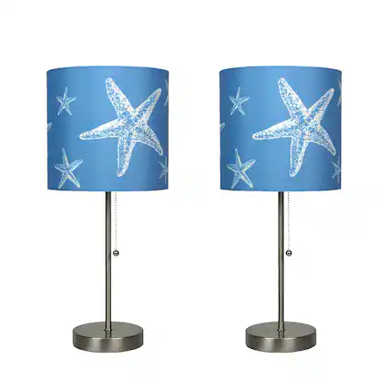 Front. Things2Die4 - Brushed Nickel Finish Coastal Table Lamp With Blue Starfish Shade Set of 2 - Blue.