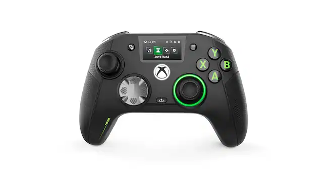 The image features a black Xbox controller with a green Xbox logo on the front. The controller has a total of 12 buttons, including the D-pad, A, B, X, Y, and other buttons. The controller is designed for use with the Xbox gaming system and is compatible with various games.