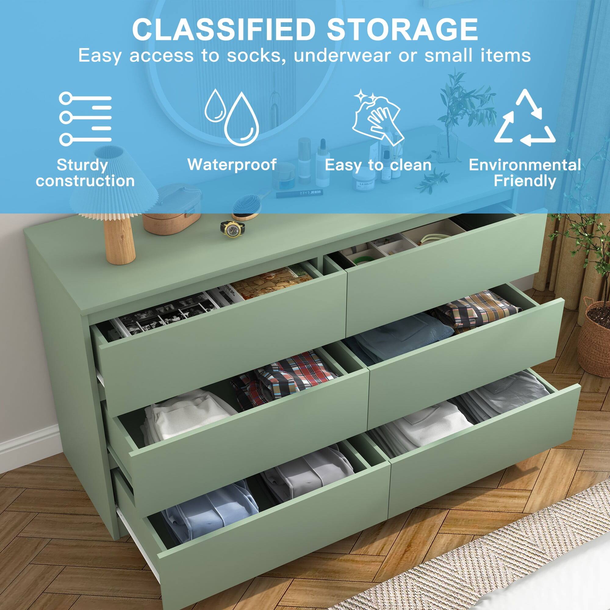 CLASSIFIED STORAGE  
Easy access to socks, underwear or small items  

- Sturdy construction  
- Waterproof  
- Easy to clean  
- Environmental Friendly