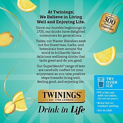 At Twinings, we believe in living well and enjoying life. Since our humble beginnings in 1706, our drinks have delighted consumers for generations. Today, our Master Blenders seek out the finest teas, herbs, and botanicals from around the world to brilliantly blend delicious wellbeing drinks that taste great and do you good. Our Superblends range of teas are carefully crafted for your enjoyment as you take positive steps towards living well, feeling good, and enjoying life.

TWININGS EST. 1706 LONDON

Drink in Life over 300 Years of Expertise

TRY OVER ICE
- Fill a big cup with ice cubes. (Do not use glass.)
- Brew hot on medium setting.
- Stir to chill.