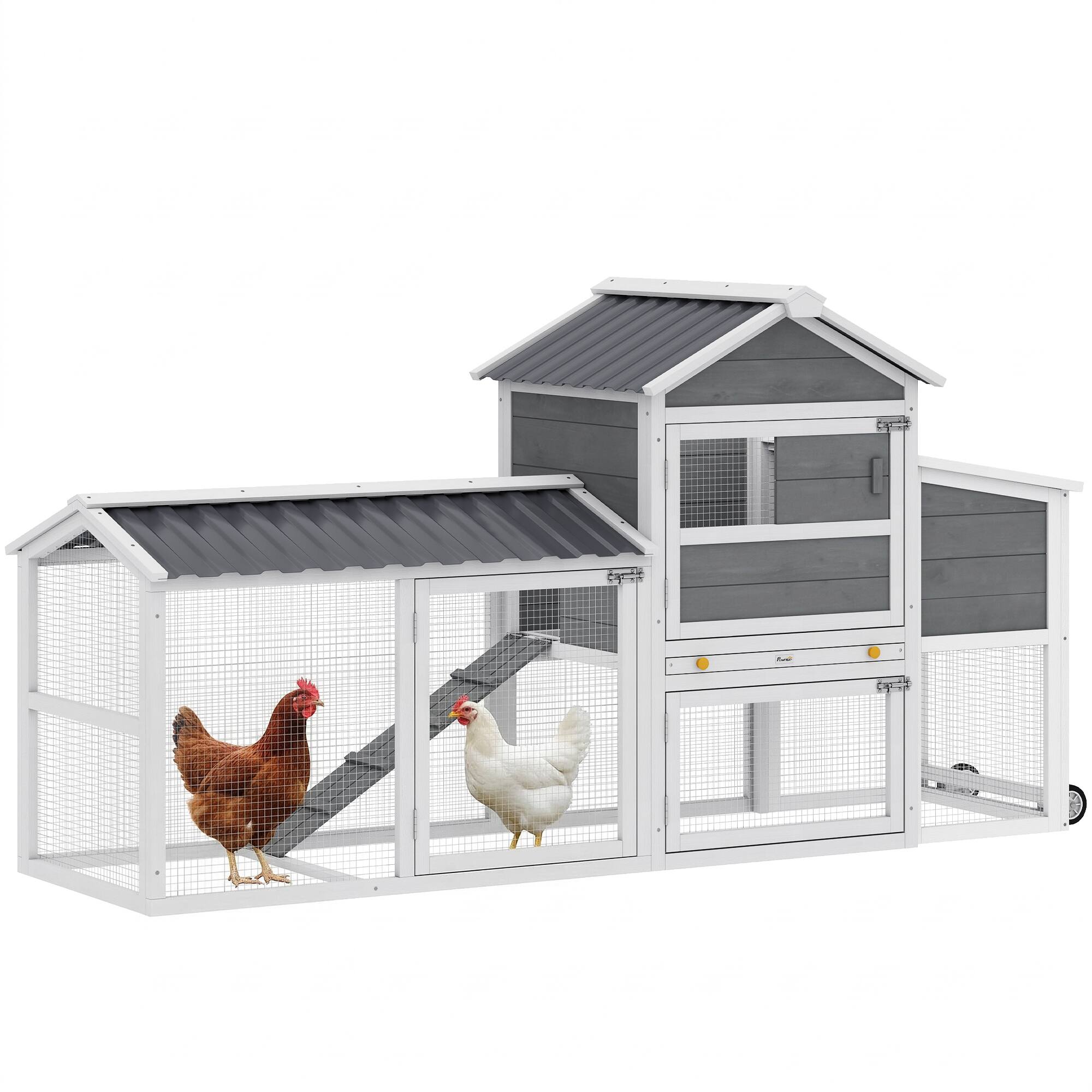 Pawhut - Coop with Wheels, 80" L Mobile Hen House with Run, Outdoor Wooden Chicken House with Nesting Box - Gray