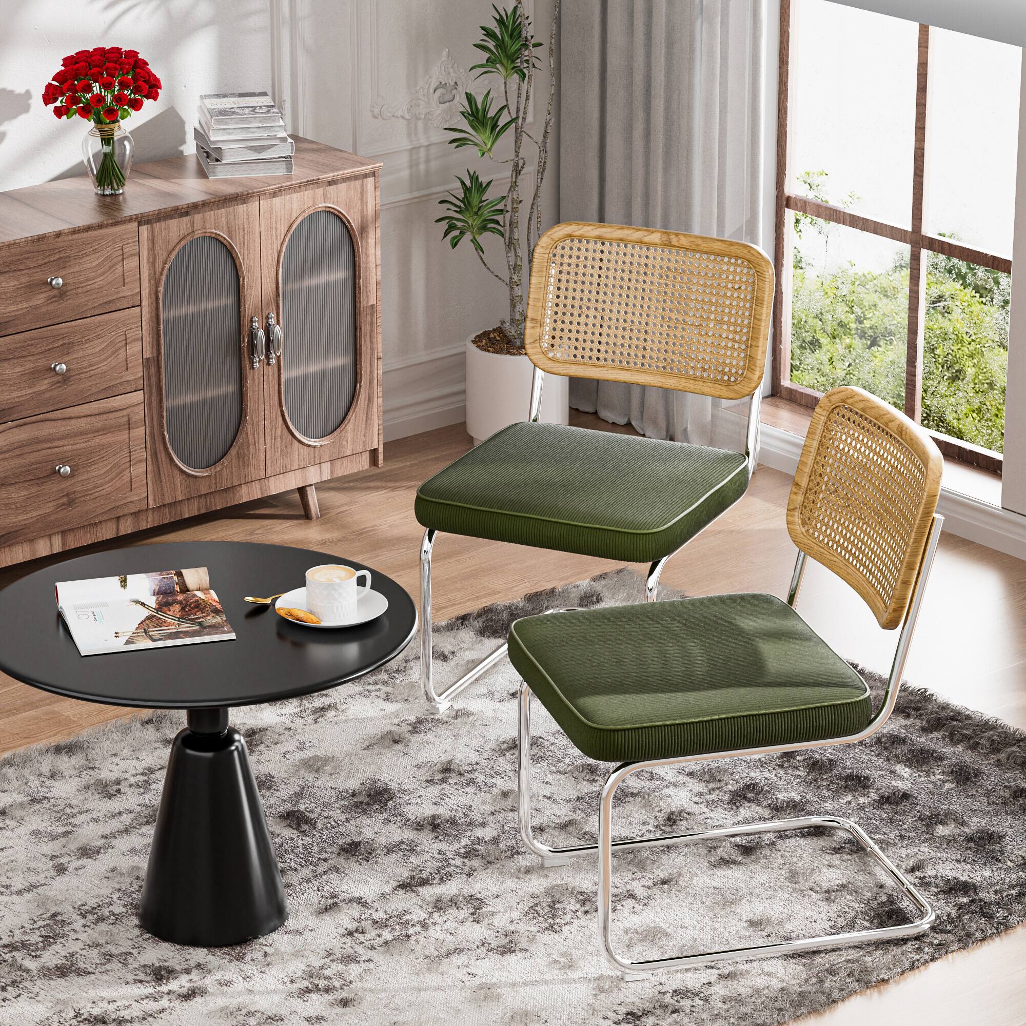 Angle. KERDOM - Rattan Dining Chairs 2 Pcs Set, Mid-Century Style Velvet, Minimalist Cantilever Seat, Farmhouse Boho Garden Accent Chair - Green.